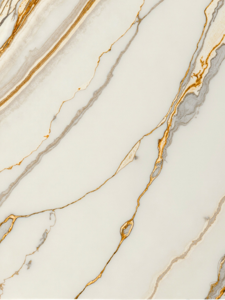 Calacatta marble slab: warm ivory white background with distinctive grey and warm gold veining — Apuan origin certified