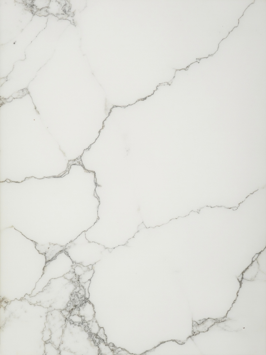 Close-up of Carrara Bianco Gioia marble slab: cloudy white base with fine, elegant grey veining and high polish